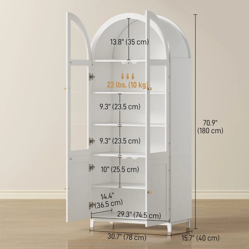 HOMCOM Arched Kitchen Pantry Cabinet, 71" Tall Farmhouse Kitchen Storage Cabinet with Acrylic Glass Doors, White