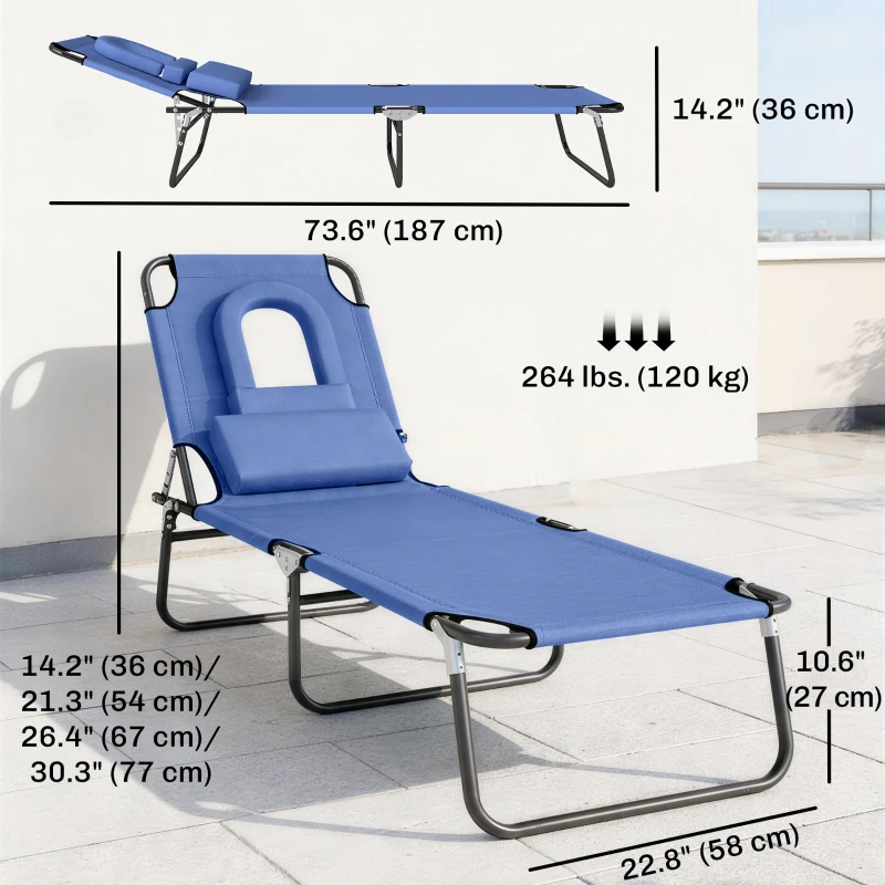 Outsunny Folding Chaise Lounge Chair, Reclining Beach Tanning Chair with Face Hole, Pillow, 4-Position Adjustable Lay Flat Sun Lounger, Steel Frame for Outdoor Patio Pool, Blue
