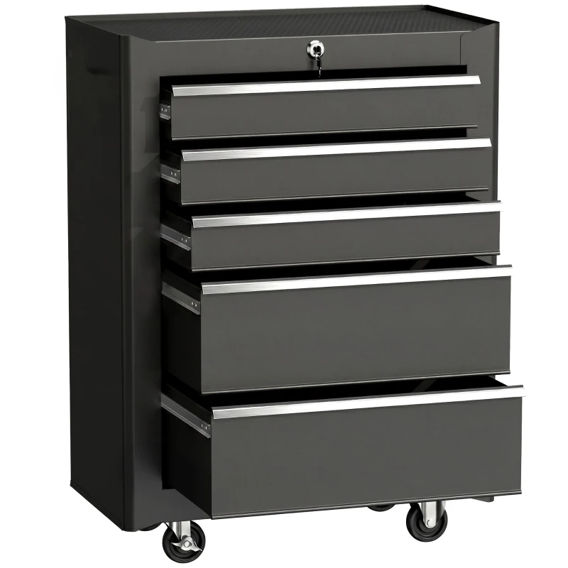 HOMCOM 5-Drawer Rolling Tool Cabinet on Wheels, Lockable Tool Chest, Tool Organizer for Garage, Factory and Workshop, Black