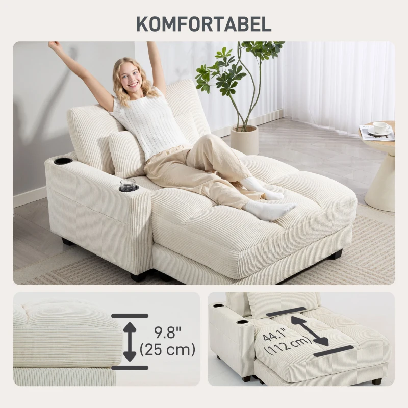 HOMCOM 58" Chaise Lounge Indoor, Oversized Corduroy Sofa Bed with 2 Cup Holders, Pillow, Deep Seat Sleeper Couch, Cream White