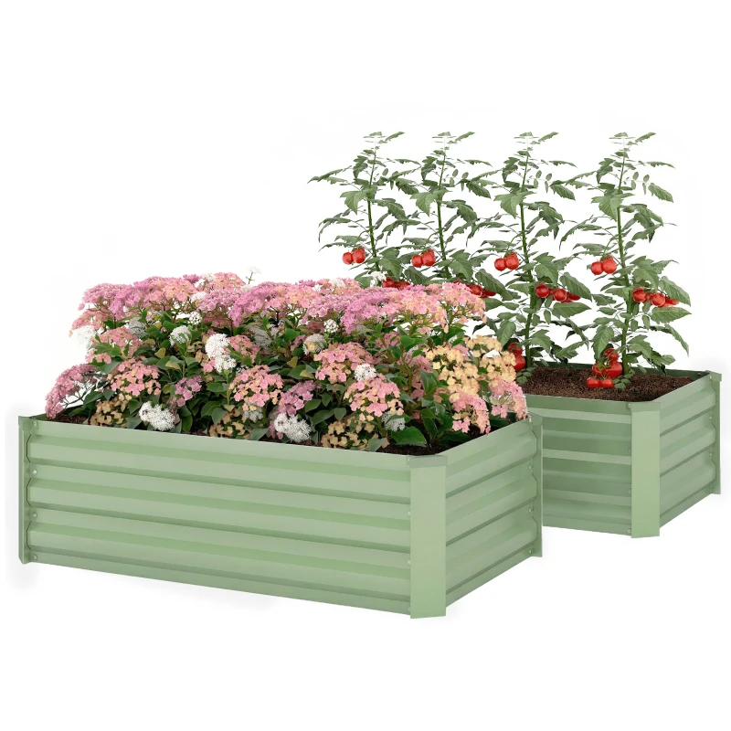 Outsunny Galvanized Raised Garden Beds, Outdoor Planter Box, Set of 2, for Flowers, Herbs and Vegetables, Light Green