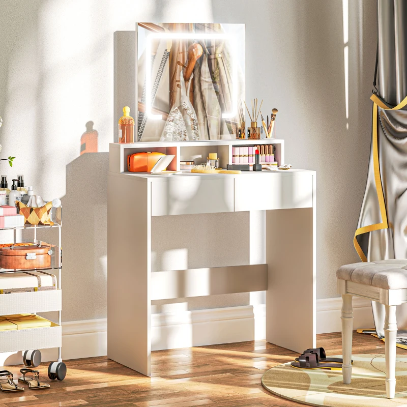 HOMCOM Makeup Vanity Desk with Mirror and LED Lights, for Bedroom, Modern Dressing Table with Drawers, Compartments, White