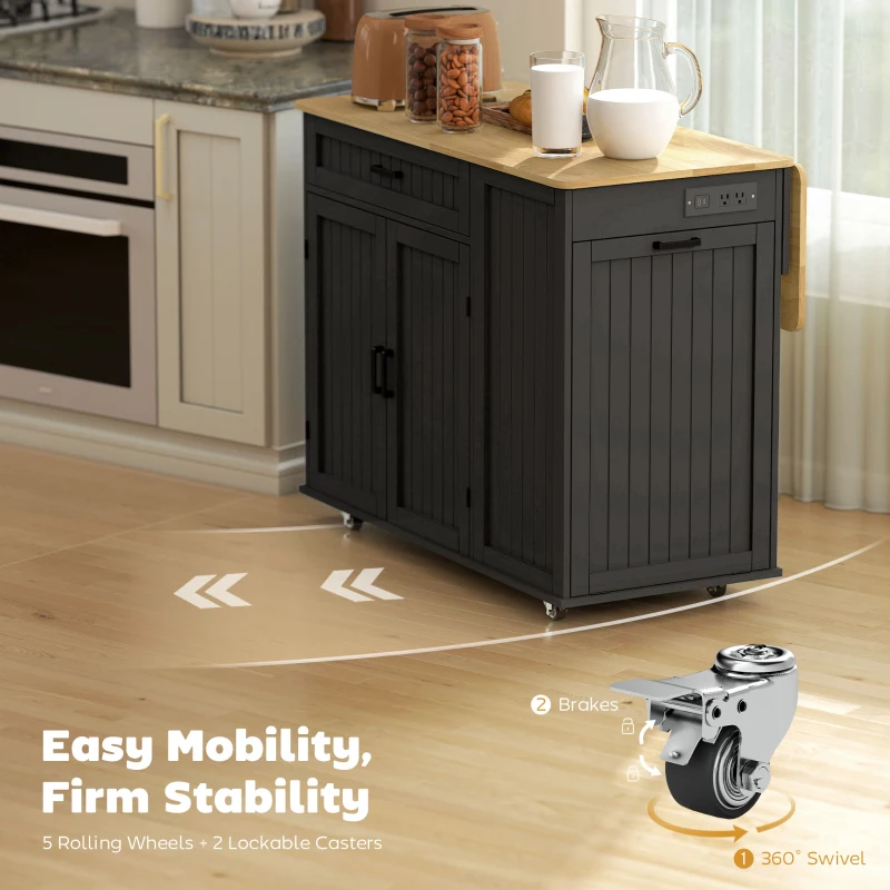 HOMCOM Kitchen Island Cart, Portable Kitchen Island Table with Charging Station, Rubber Wood Drop Leaf, Trash Storage, Black