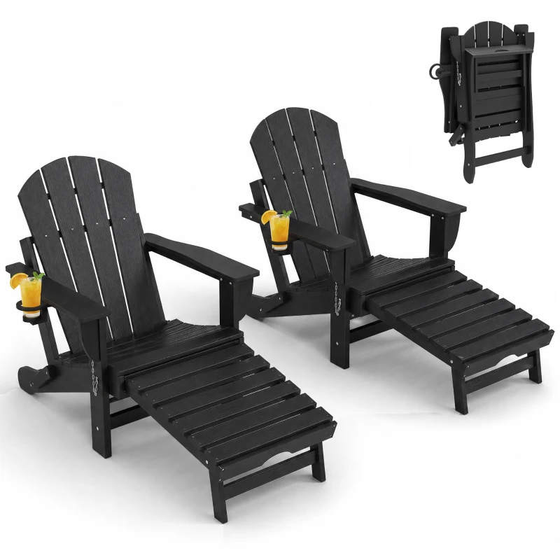 Outsunny Folding Adirondack Chair Set of 2, HDPE Fire Pit Chair with Retractable Ottoman and Cup Holder, Black