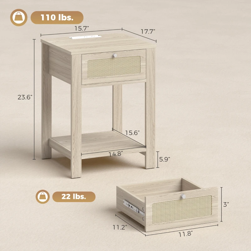 HOMCOM End Table Set of 2 with Charging Station, Bed Side Tables Set with Drawer, Storage Shelf for Living Room, Natural Wood