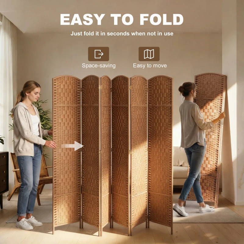 HOMCOM 6ft Folding Room Divider, 6 Panel Wall Partition with Wooden Frame for Bedroom, Home Office, Natural