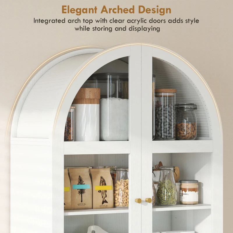 HOMCOM Arched Kitchen Pantry Cabinet, 71" Tall Farmhouse Kitchen Storage Cabinet with Acrylic Glass Doors, White