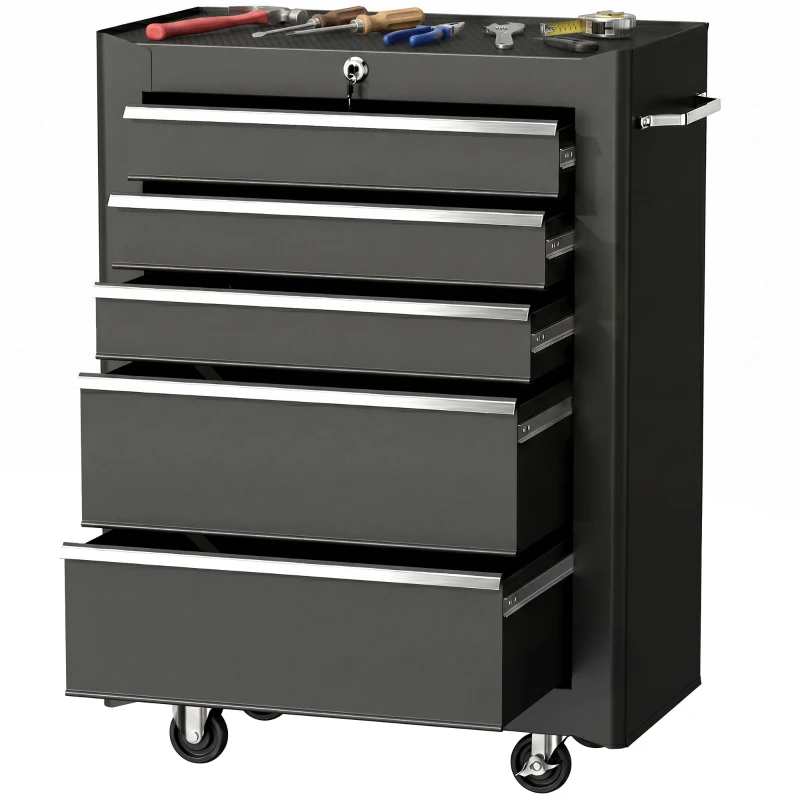 HOMCOM 5-Drawer Rolling Tool Cabinet on Wheels, Lockable Tool Chest, Tool Organizer for Garage, Factory and Workshop, Black