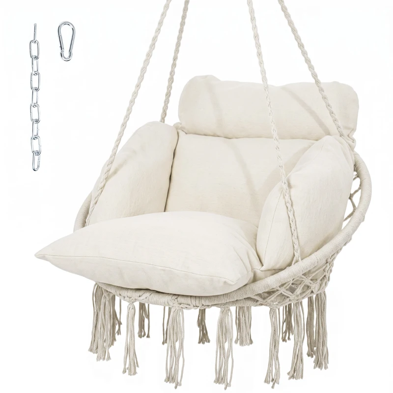 Outsunny Boho Hammock Chair Swing Hanging Chair with Cushion, Chain, Steel Frame for Indoor Outdoor Bedroom Patio Balcony, Cream