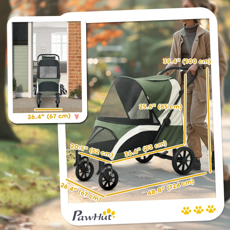 PawHut Foldable Pet Stroller for Medium Dogs with Four Big Wheels, Shock-Absorbing Frame, Safety Leashes, Brakes, Dark Green