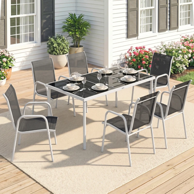 Outsunny 7 Piece Garden Dining Set, Garden Furniture Set with Rectangle Table and 6 Stackable Chairs