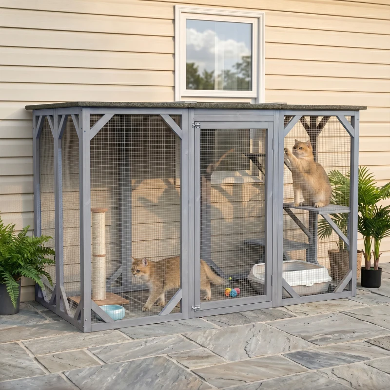 PawHut 44.1" H Cat Cage, Indoor Outdoor Wooden Enclosure Pet House, Small Animal Cage Hutch, Suitable for Rabbit, Dogs, Kitten, Crate Kennel with Waterproof Roof, Multi-Level Platforms, Lock, Grey