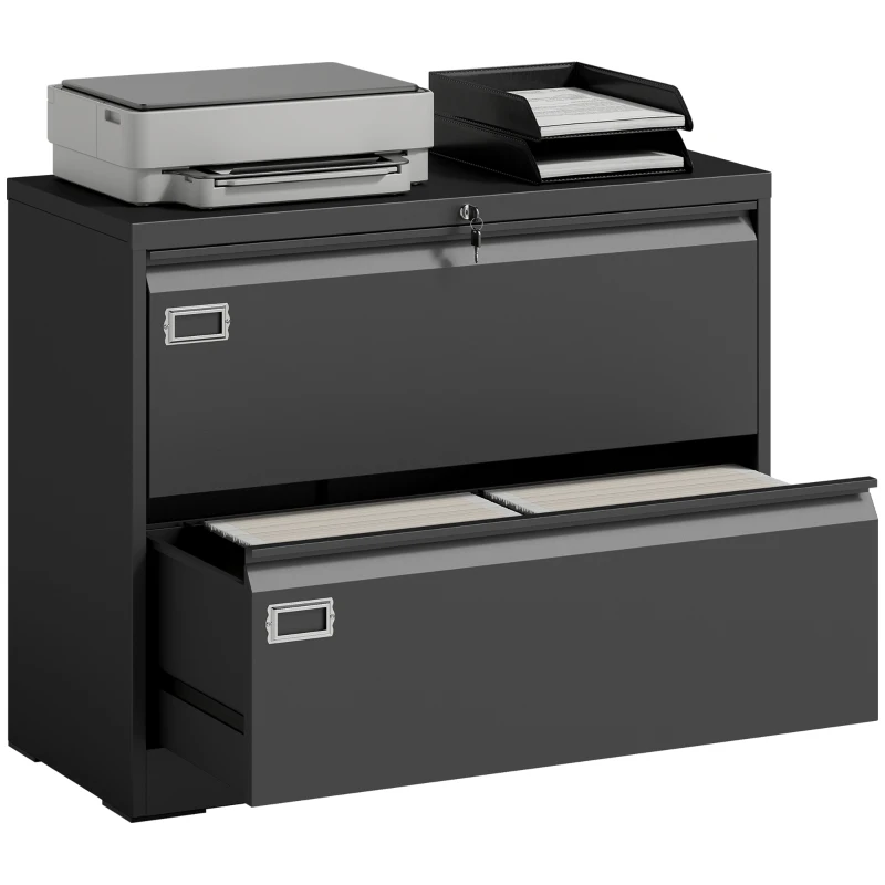 HOMCOM Lateral Filing Cabinet with 2 Drawers, Lockable Steel File Cabinet for A4/Letter/Legal Size Files, Black