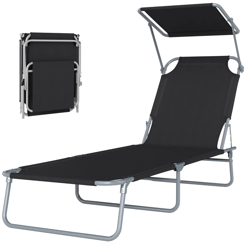 Outsunny Outdoor Lounge Chair, Adjustable Folding Chaise Lounge, Tanning Chair with Sun Shade for Beach, Camping, Hiking, Backyard, Black