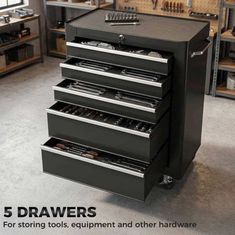 HOMCOM 5-Drawer Rolling Tool Cabinet on Wheels, Lockable Tool Chest, Tool Organizer for Garage, Factory and Workshop, Black