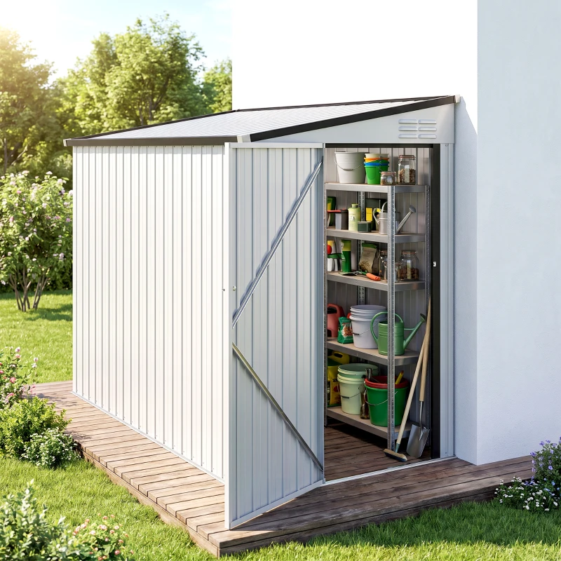 Outsunny 4' x 8' Outdoor Storage Shed Lean to Shed Outdoor Metal Tool Shed with Lockable Door and Air Vents, White