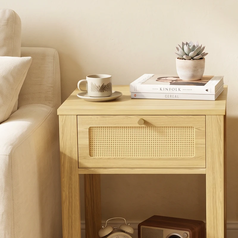 HOMCOM Boho Side Tables Set of 2, End Tables with Drawer and Open Shelf for Living Room, Natural Wood