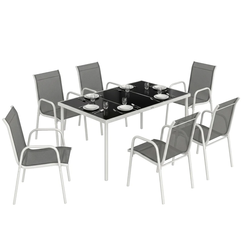 Outsunny 7 Piece Garden Dining Set, Garden Furniture Set with Rectangle Table and 6 Stackable Chairs
