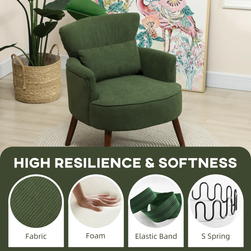 HOMCOM Modern Accent Chair, Upholstered Armchair with Solid Wood Legs and Lumbar Pillow for Living Room, Green