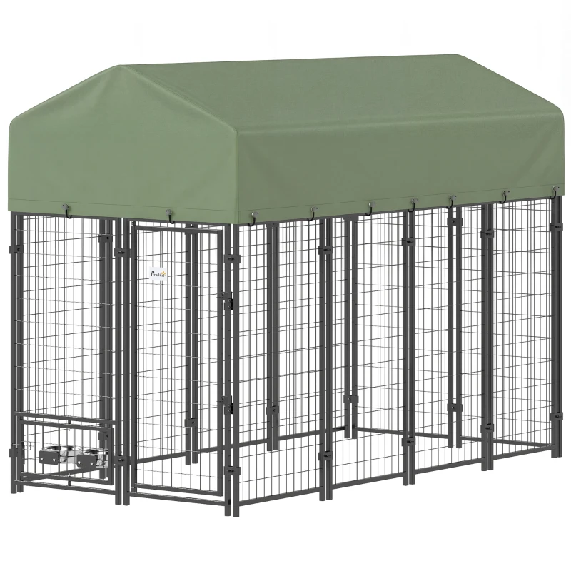 PawHut 8' x 4' x 6' Outdoor Dog Kennel, Dog Kennel Outside Run with 360° Rotating Bowls, Waterproof & UV Resistant Cover Green