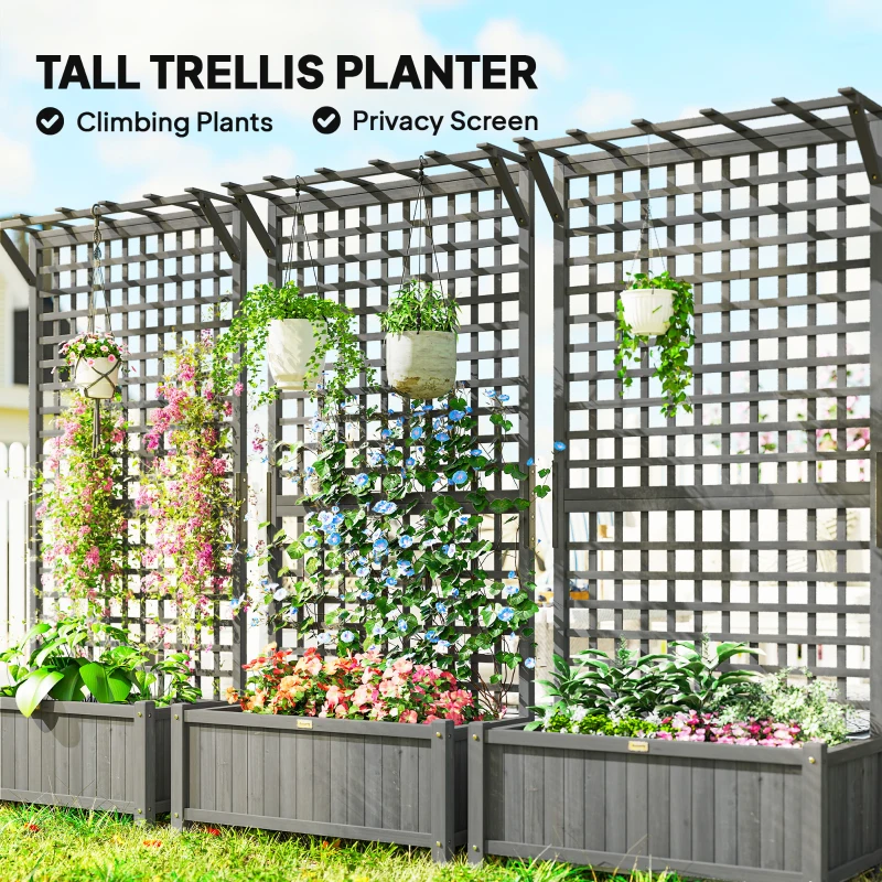 Outsunny Wood Planter with Trellis for Vine Climbing, Raised Garden Bed, Privacy Screen for Backyard, Patio, Deck, Dark Grey
