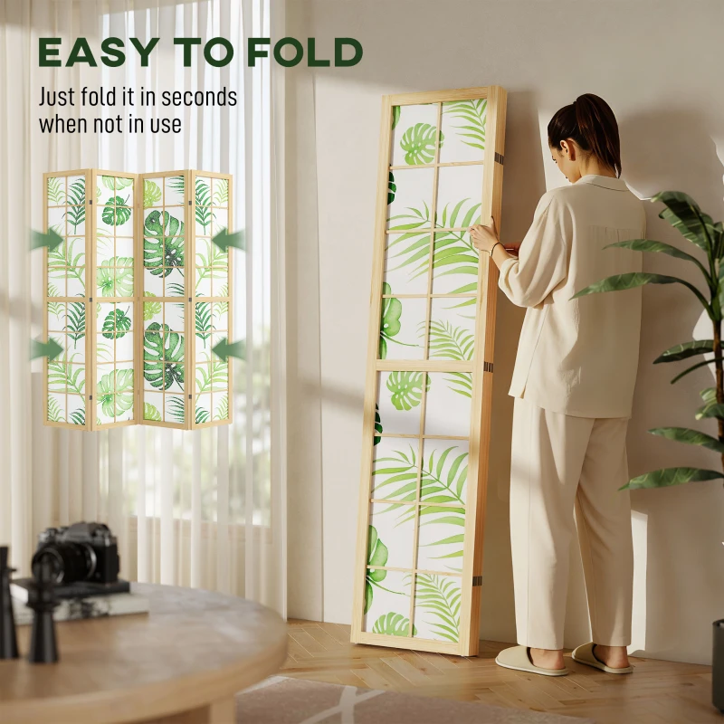 HOMCOM 4 Panel Folding Privacy Screen, 67" Room Divider with Palm Leaf Design for Living Room Bedroom, Natural and Green