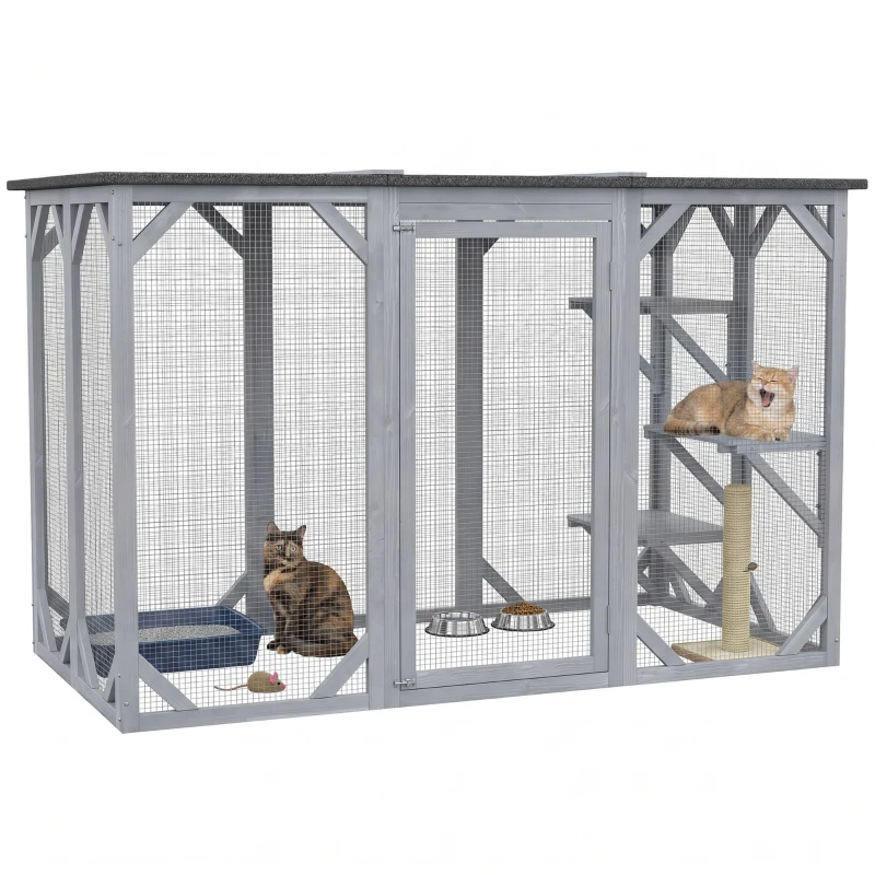 PawHut 44.1" H Cat Cage, Indoor Outdoor Wooden Enclosure Pet House, Small Animal Cage Hutch, Suitable for Rabbit, Dogs, Kitten, Crate Kennel with Waterproof Roof, Multi-Level Platforms, Lock, Grey