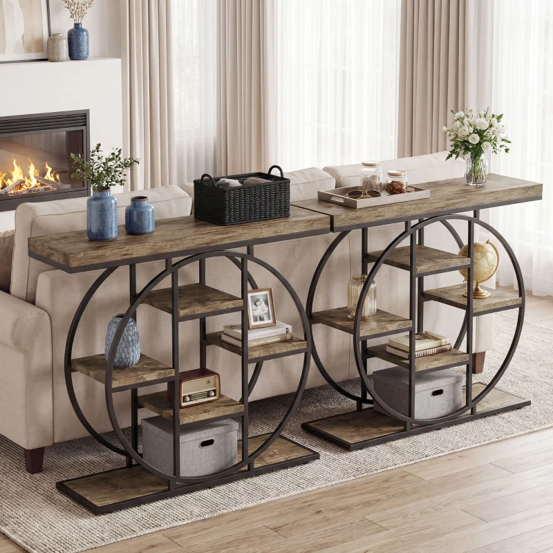 HOMCOM 39.4" Console Table with Storage Shelves, Industrial Sofa Table for Living Room, Hallway, Rustic Oak