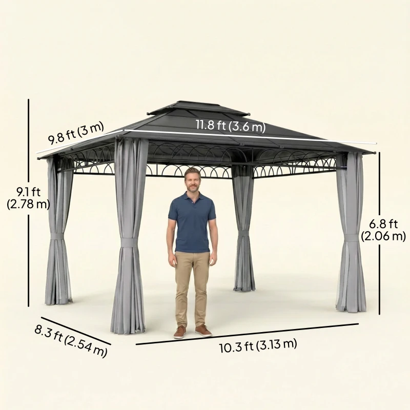 Outsunny 10' x 12' Outdoor Hardtop Gazebo Canopy w/ Double PC Roof, Steel Frame, Nettings, Curtains for Garden Lawn Deck, Grey