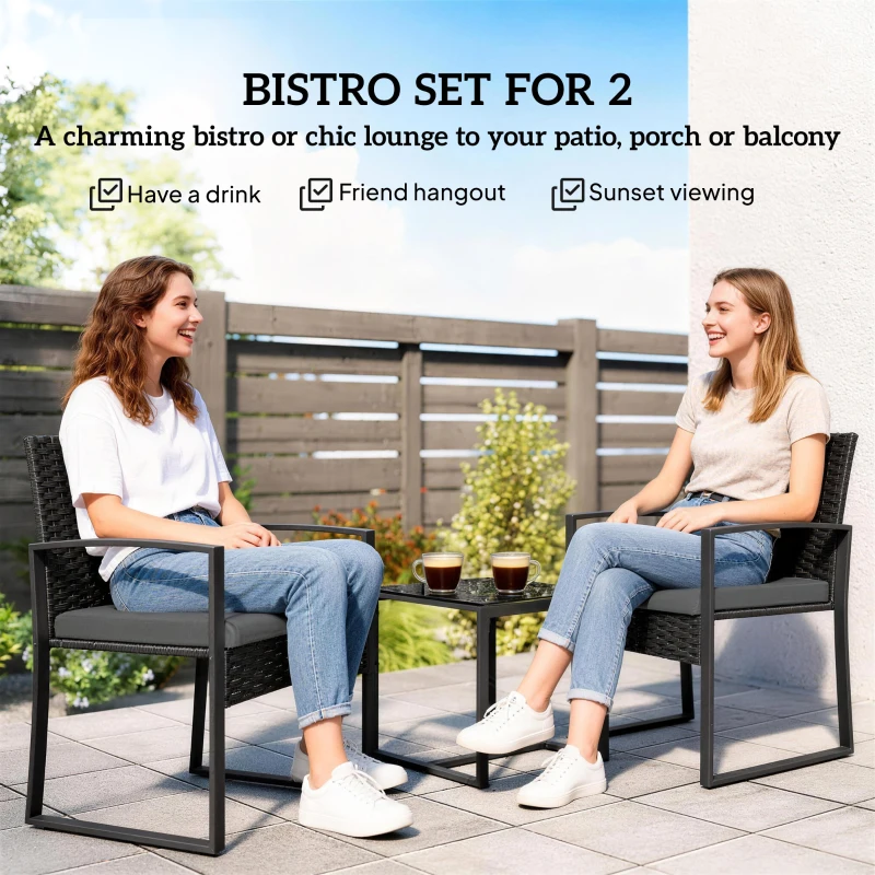 Outsunny Outdoor Bistro Set, 3 Piece Wicker Patio Furniture Set with Glass Top Table and Cushions for Porch, Balcony, Dark Grey