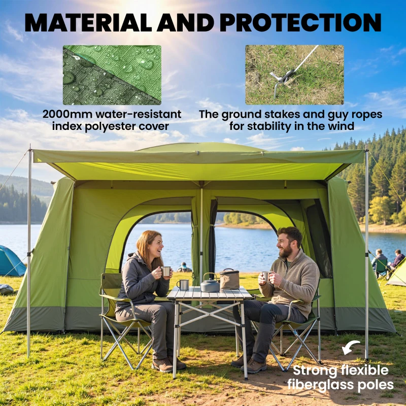 Outsunny Tunnel Tent Camping Shelter w/ Porch, Two Rooms, Lamp Hook, Portable Carry Bag, Green