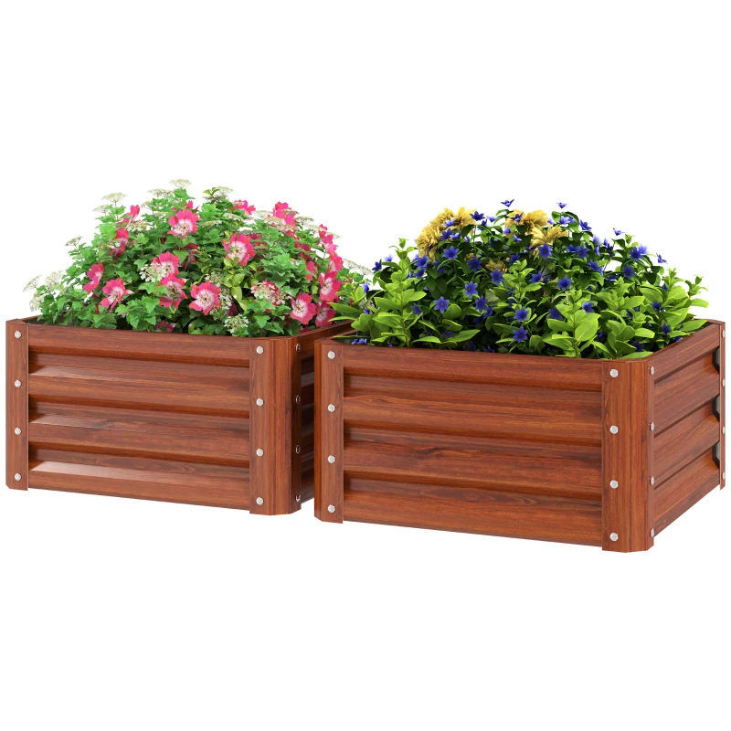 Outsunny Galvanized Raised Garden Beds, Outdoor Planter Box, Set of 2, for Flowers, Herbs and Vegetables, Dark Brown Wood Effect