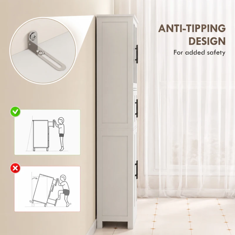HOMCOM 67" Tall Bathroom Storage Cabinet, Modern Freestanding Bathroom Cabinet with Glass Doors and Adjustable Shelves, White