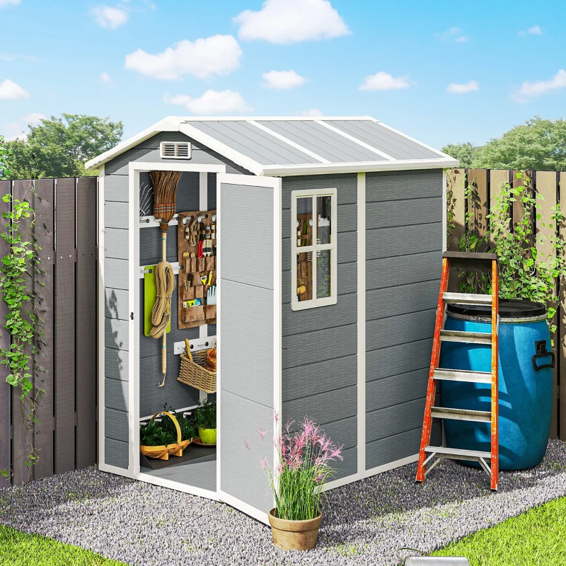 Outsunny 6' x 4' Outdoor Storage Shed, Plastic Shed with Floor, Window, Lockable Door and Vents for Outdoor Patio Storage, Gray