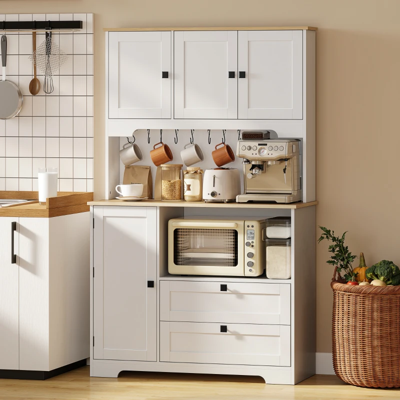 HOMCOM Kitchen Pantry Cabinet, 64" Tall Kitchen Hutch with 3 Cabinets, 2 Drawers, Adjustable Shelves, Microwave Stand, White