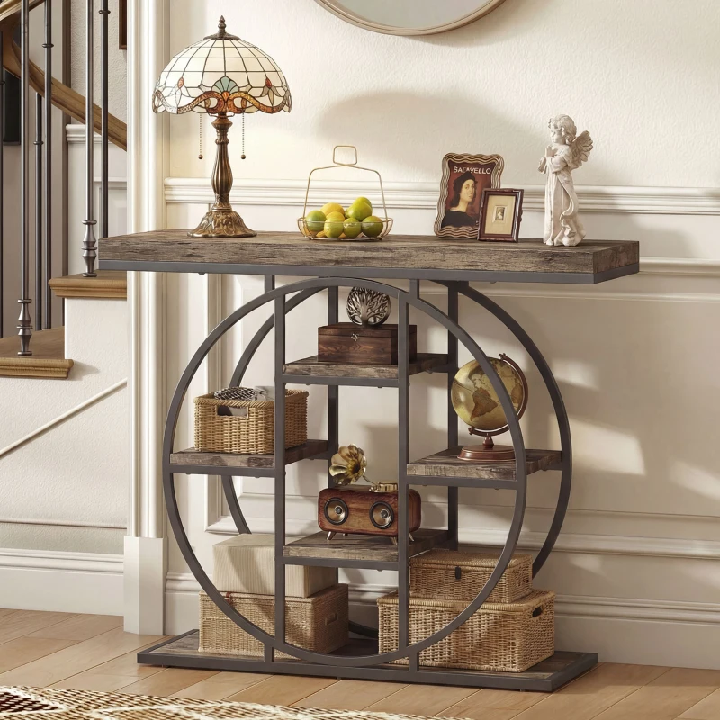 HOMCOM 39.4" Console Table with Storage Shelves, Industrial Sofa Table for Living Room, Hallway, Rustic Oak