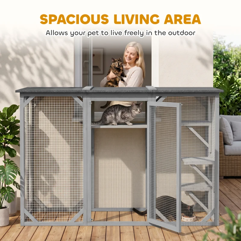 PawHut 44.1" H Cat Cage, Indoor Outdoor Wooden Enclosure Pet House, Small Animal Cage Hutch, Suitable for Rabbit, Dogs, Kitten, Crate Kennel with Waterproof Roof, Multi-Level Platforms, Lock, Grey