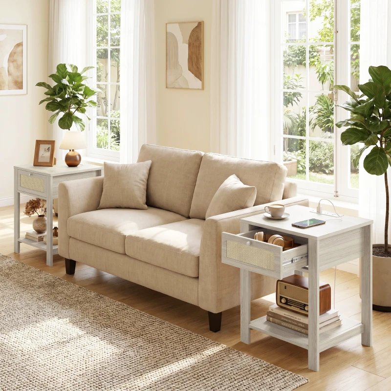 HOMCOM End Table Set of 2 with Charging Station, Bed Side Tables Set with Drawer, Storage Shelf for Living Room, Natural Wood