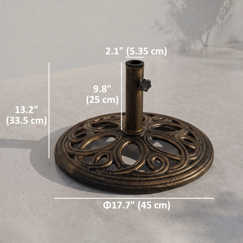 Outsunny 25lbs Cast Iron Round Patio Umbrella Base Stand, Umbrella Holder for Outdoor, Patio, Garden, Deck and Beach, Fit Dia. 1.5", 2" Pole, Bronze