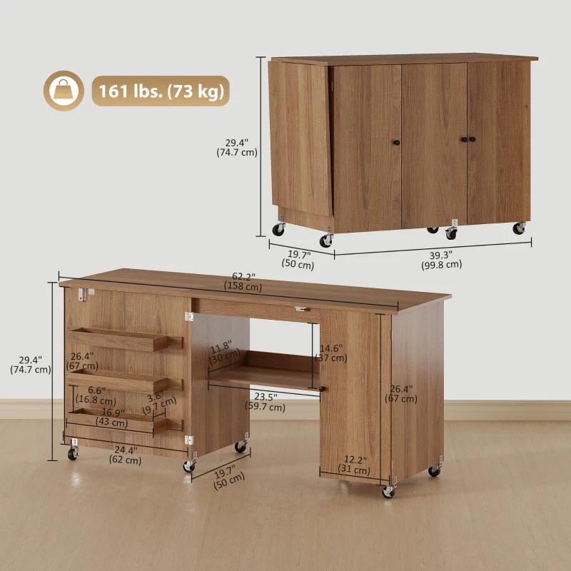 HOMCOM Sewing Machine Table with Drop Leaf, Folding Craft Table with 2 Doors and Adjustable Shelf for Small Spaces, Brown