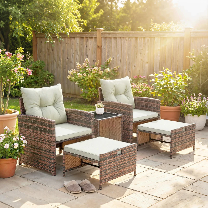 Outsunny 5 Piece Patio Furniture Set, Wicker Patio Chairs with Ottomans, 2-Tier Glass Coffee Table and Cushions, Brown/Cream