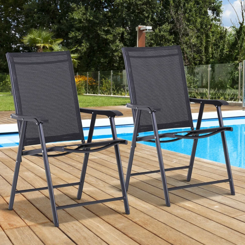 Outsunny 2-Piece Folding Dining Chair Set for Relaxing on Patio, Balcony, or Garden, Comfortable Outdoor Furniture with Armrests, Black