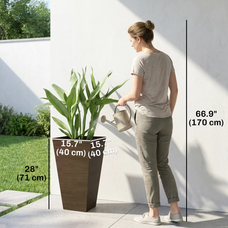Outsunny Tall Planter for Outdoor Plants Set of 3, 28 Inch Taper Planter with Drainage Holes, Brown