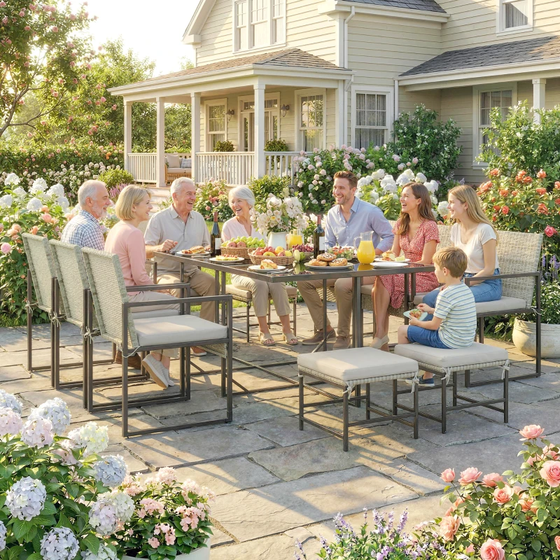 Outsunny 11 Pieces Wicker Patio Dining Set, Rattan Outdoor Furniture Set with 6 Armchairs, 4 Stools, Light Grey