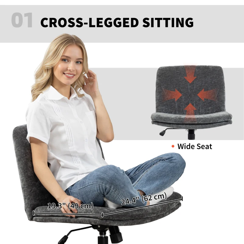 HOMCOM Criss Cross Chair with Wheels, Wide Office Chair with No Arms, Adjustable Height, Tilting, Grey