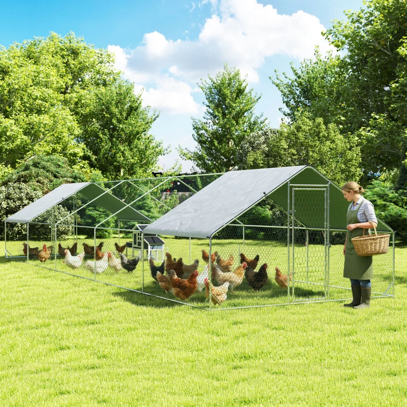 PawHut Metal Chicken Coop with Water- and UV-Protection Cover for Backyard Hen, Duck, Rabbit, 32.8' x 9.8' x 6.4'