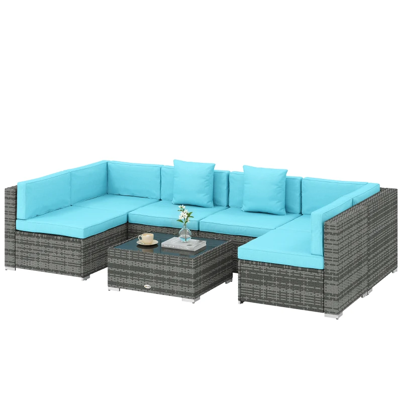 Outsunny 7 Pieces Outdoor Rattan Furniture Set, Patio Wicker Sectional Conversation Sofa Set, Blue