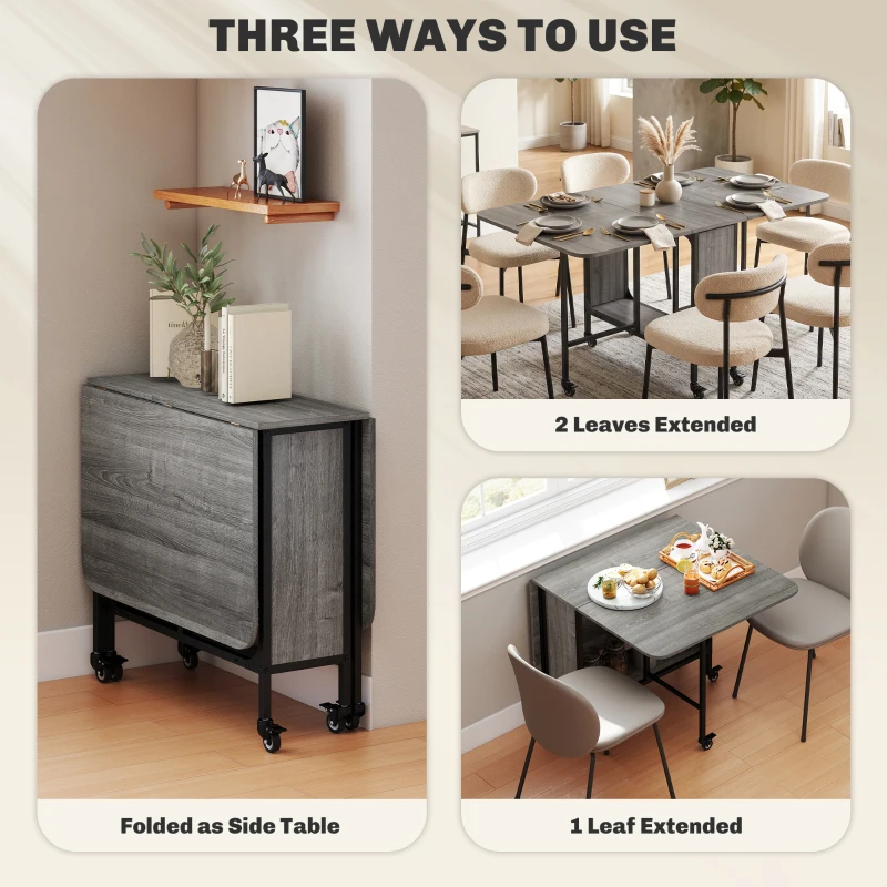 HOMCOM Folding Dining Table, Extendable Kitchen Table for Small Spaces with Storage Shelf and 6 Wheels, Distressed Grey