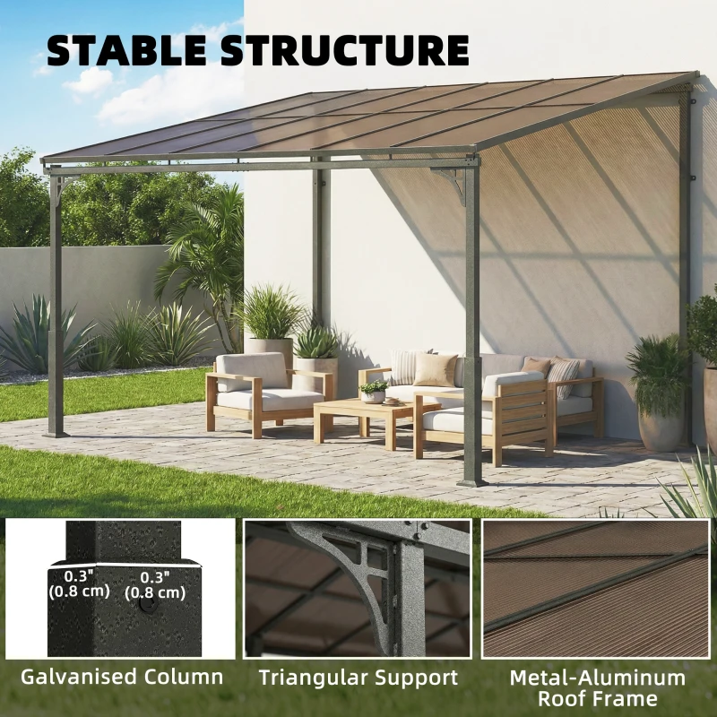 Outsunny 11' x 10' Outdoor Pergola, Wall Mounted Hardtop Lean-to Gazebo with Polycarbonate Roof and Metal-Aluminium Frame
