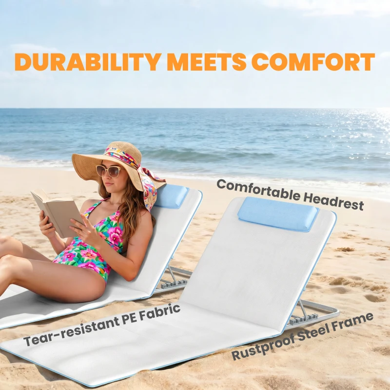 Outsunny 2 Pieces Beach Lounge Chair, Outdoor Folding Chaise Lounge Set w/ Pillow for Sunbath, Snap, Beige